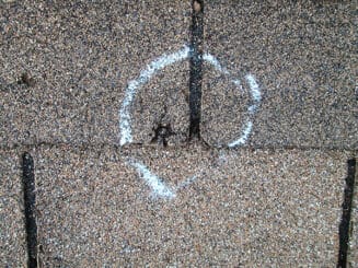 Hail damaged shingles with chalk circle