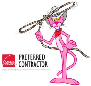 owens corning pink panther with cowboy hat and lasso preferred contractor logo