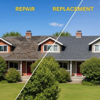 Comparison of a damaged roof and a newly replaced roof on a house, illustrating the decision between roof repair and replacement