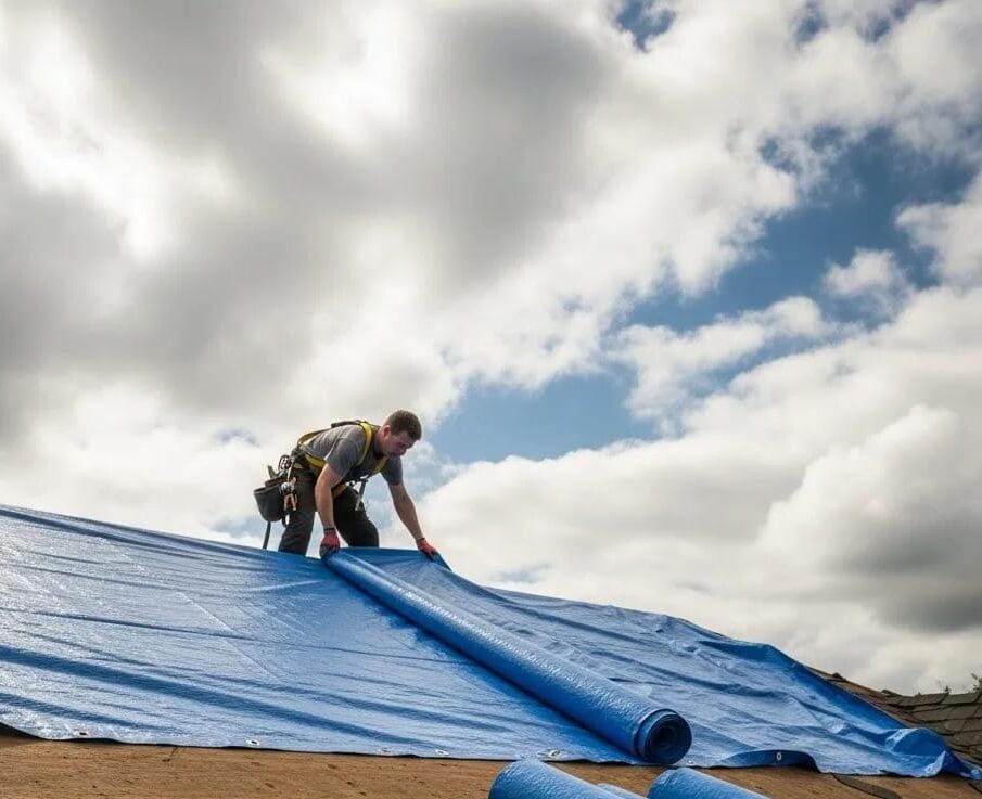 Contractor applying tarp for temporary roof protection during repairs