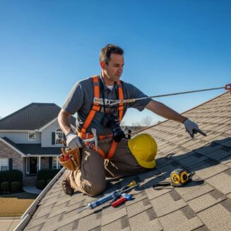Professional roofing contractor inspecting a residential roof, emphasizing trust and expertise