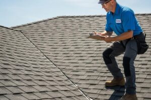 Professional roofing contractor inspecting asphalt shingles on a roof