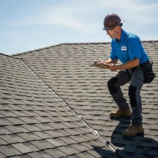 Professional roofing contractor inspecting asphalt shingles on a roof