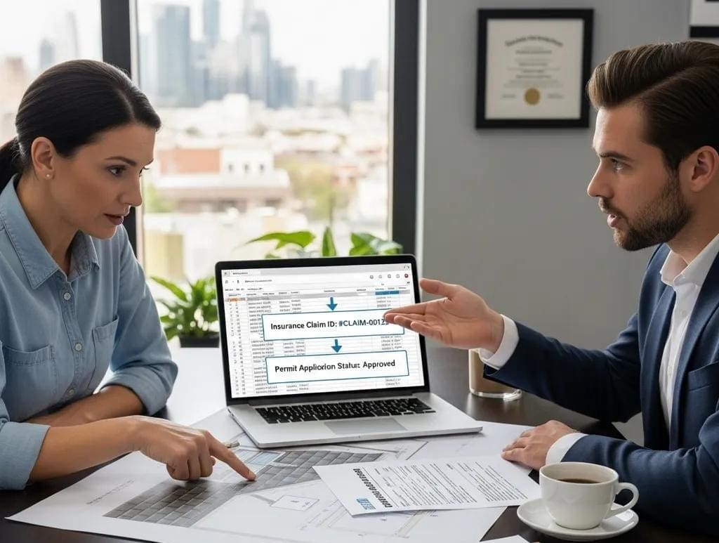 Homeowner consulting with an insurance agent about roofing permits and claims, emphasizing the relationship between them