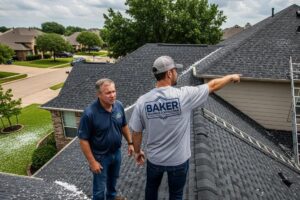 Homeowner consulting with Baker Roofing and Construction expert for hail damage roof inspection in Texas