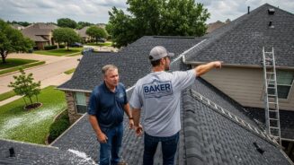 Homeowner consulting with Baker Roofing and Construction expert for hail damage roof inspection in Texas