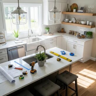 Modern kitchen remodel in progress with tools and bright lighting