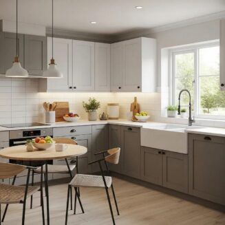 Stylish budget kitchen remodel showcasing modern cabinets and warm lighting