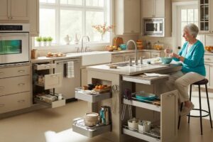 Accessible kitchen design for aging-in-place with adjustable features and safety elements
