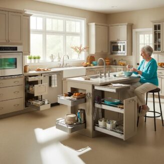 Accessible kitchen design for aging-in-place with adjustable features and safety elements
