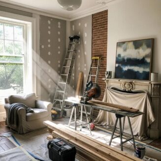 Cozy living room in the midst of a whole home remodel, highlighting renovation tools and materials