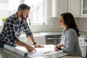 Home remodel contractor consulting with a homeowner in a renovated kitchen