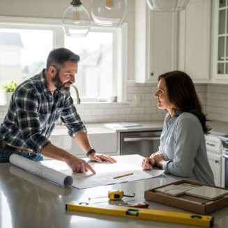 Home remodel contractor consulting with a homeowner in a renovated kitchen