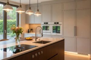 Modern kitchen with a stylish island showcasing integrated appliances and elegant lighting