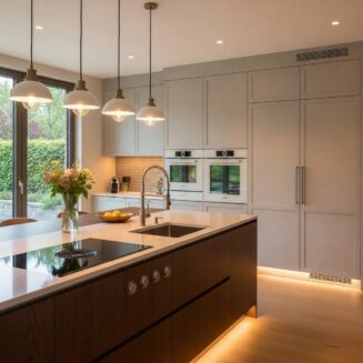 Modern kitchen with a stylish island showcasing integrated appliances and elegant lighting