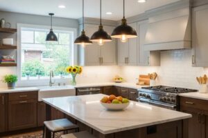 Modern kitchen with diverse lighting options enhancing ambiance and functionality