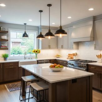 Modern kitchen with diverse lighting options enhancing ambiance and functionality