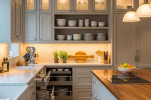 Organized kitchen with innovative storage solutions and custom cabinetry