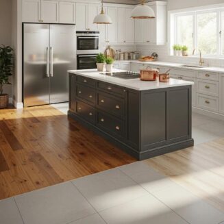 Stylish kitchen with various flooring options highlighting durability and design