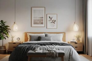 Stylish master bedroom retreat with cozy bed and calming decor