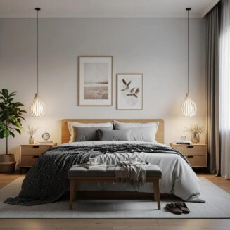 Stylish master bedroom retreat with cozy bed and calming decor