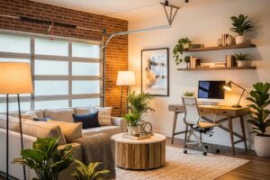 Cozy remodeled garage living space with modern furniture and warm lighting