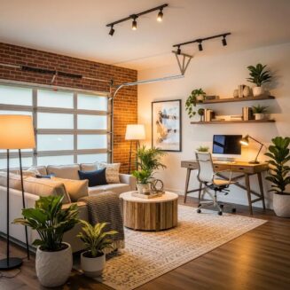 Cozy remodeled garage living space with modern furniture and warm lighting