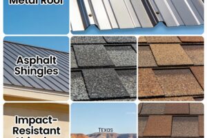 Display of roofing materials including metal roofs, asphalt shingles, and impact-resistant shingles for Rockwall climate