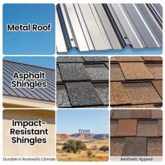 Display of roofing materials including metal roofs, asphalt shingles, and impact-resistant shingles for Rockwall climate