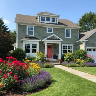 Freshly painted home exterior with vibrant colors and a beautiful garden