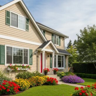Freshly painted house exterior with vibrant colors and a well-maintained garden