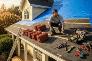 Home renovation with contractor inspecting roofing materials
