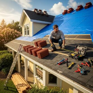 Home renovation with contractor inspecting roofing materials