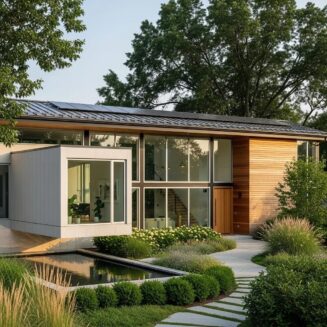 Modern home exterior with energy-efficient roofing and natural surroundings