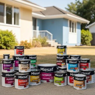 Variety of exterior paint cans in an outdoor setting with a freshly painted house